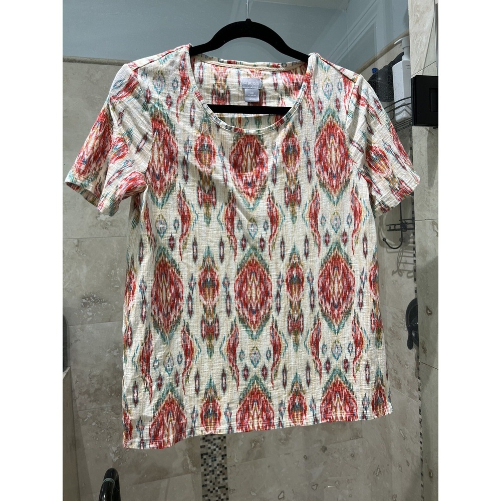 Chico's Ivory Red Orange Aztec Print SS Stretch Knit Top - Sz 0P (Petite Small)